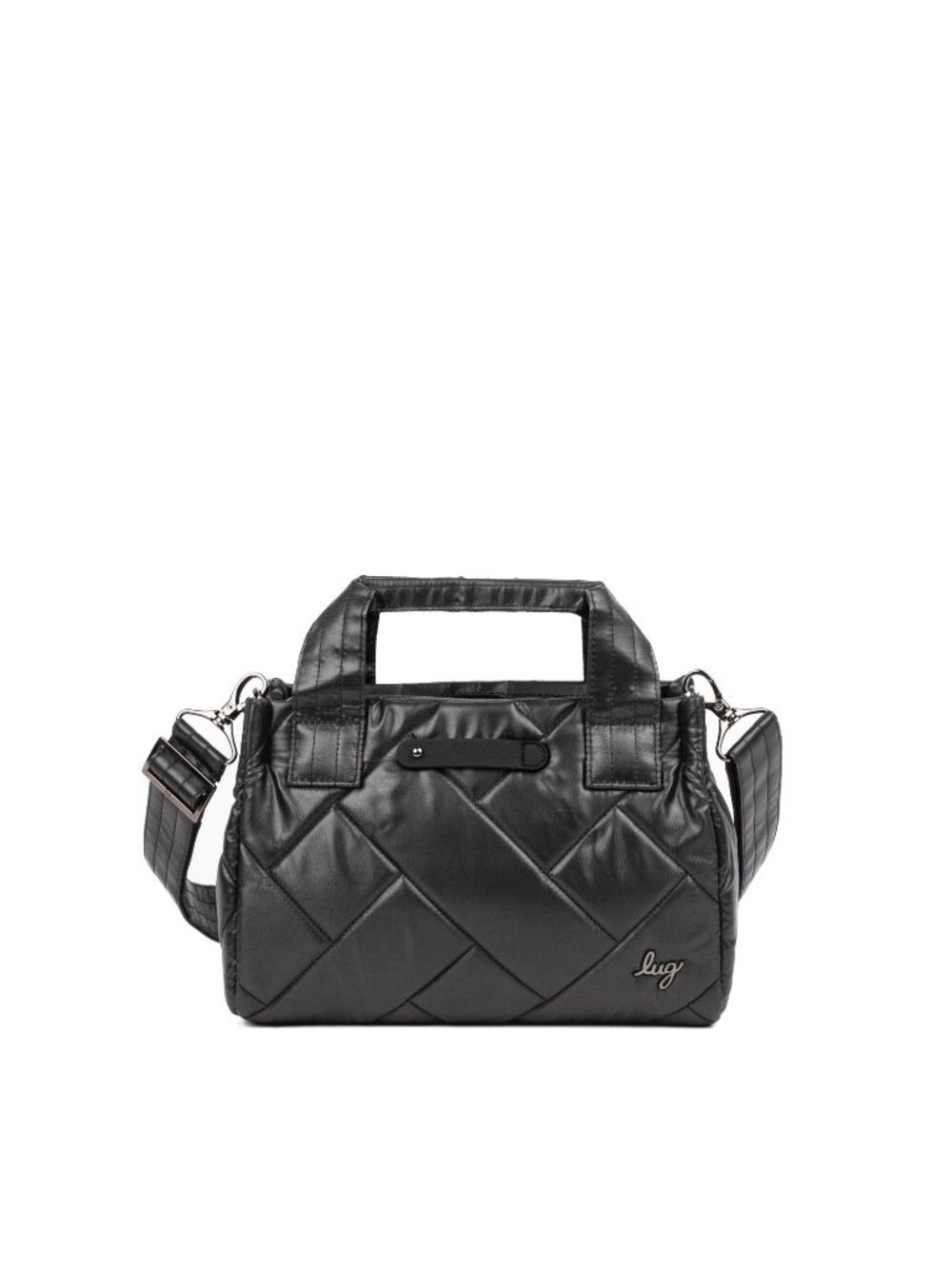 Lug Jitterbug Quilted Crossbody Bag in Metallic Black with Tote Handles for Wome